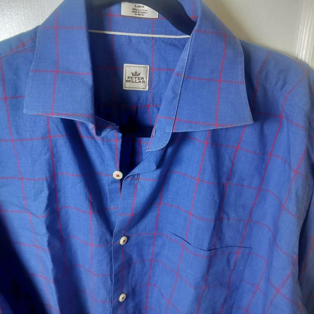 Peter Millar Blue Red Windowpane Check Cotton Button Down Shirt Mens Large